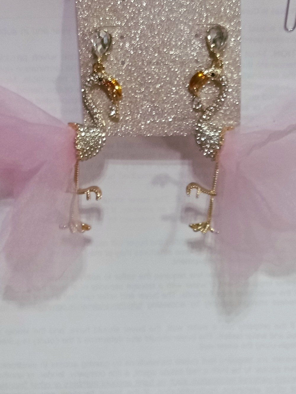 Gold Tone Flamingo Drop Earrings with Pink Tulle